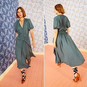 ULLA JOHNSON Leah Ruffle Midi Dress in Peat Green size 6